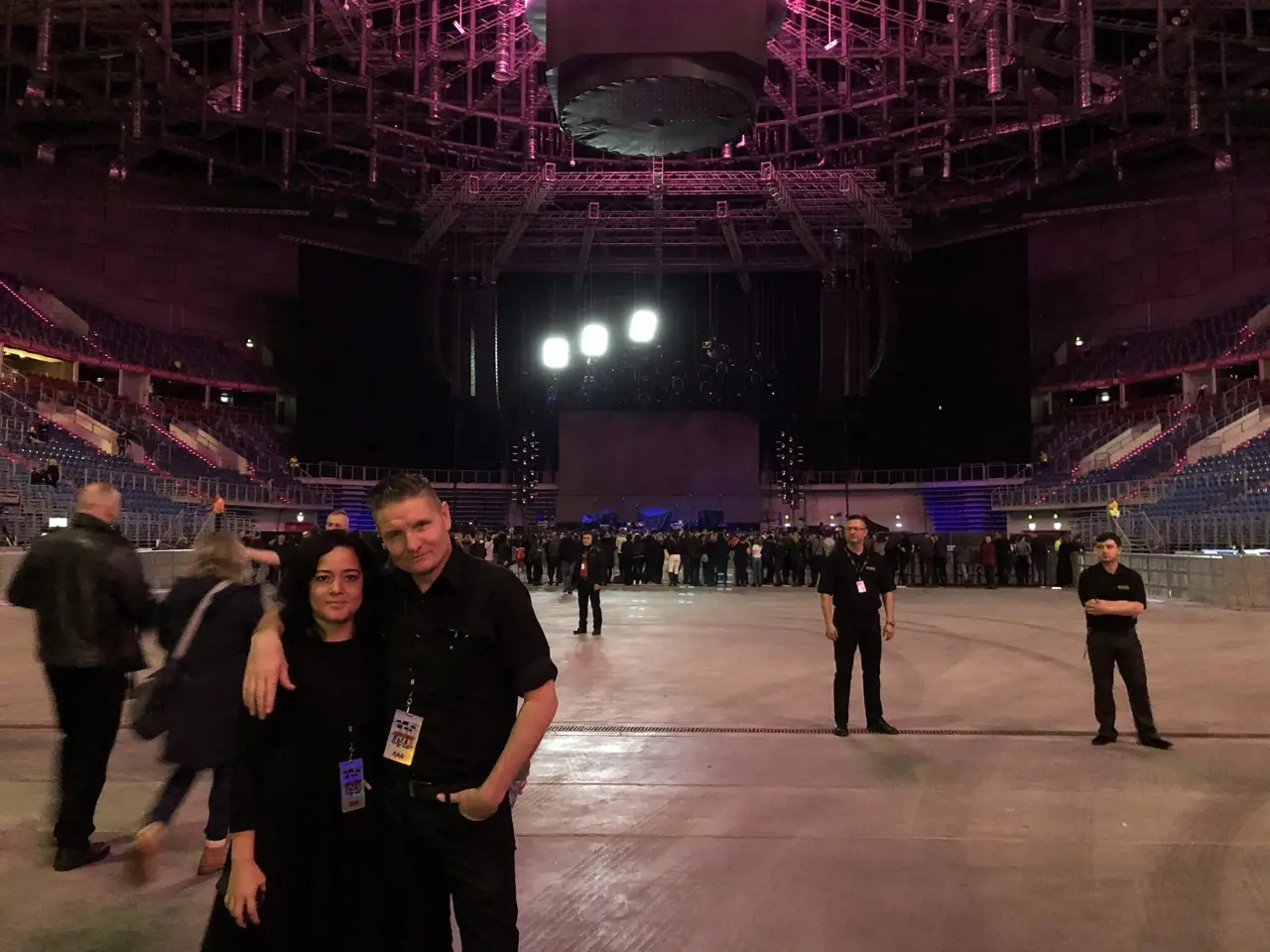 Hazel Hill McCarthy III and Douglas J. McCarthy on an arena floor before the doors open, Black Line on tour