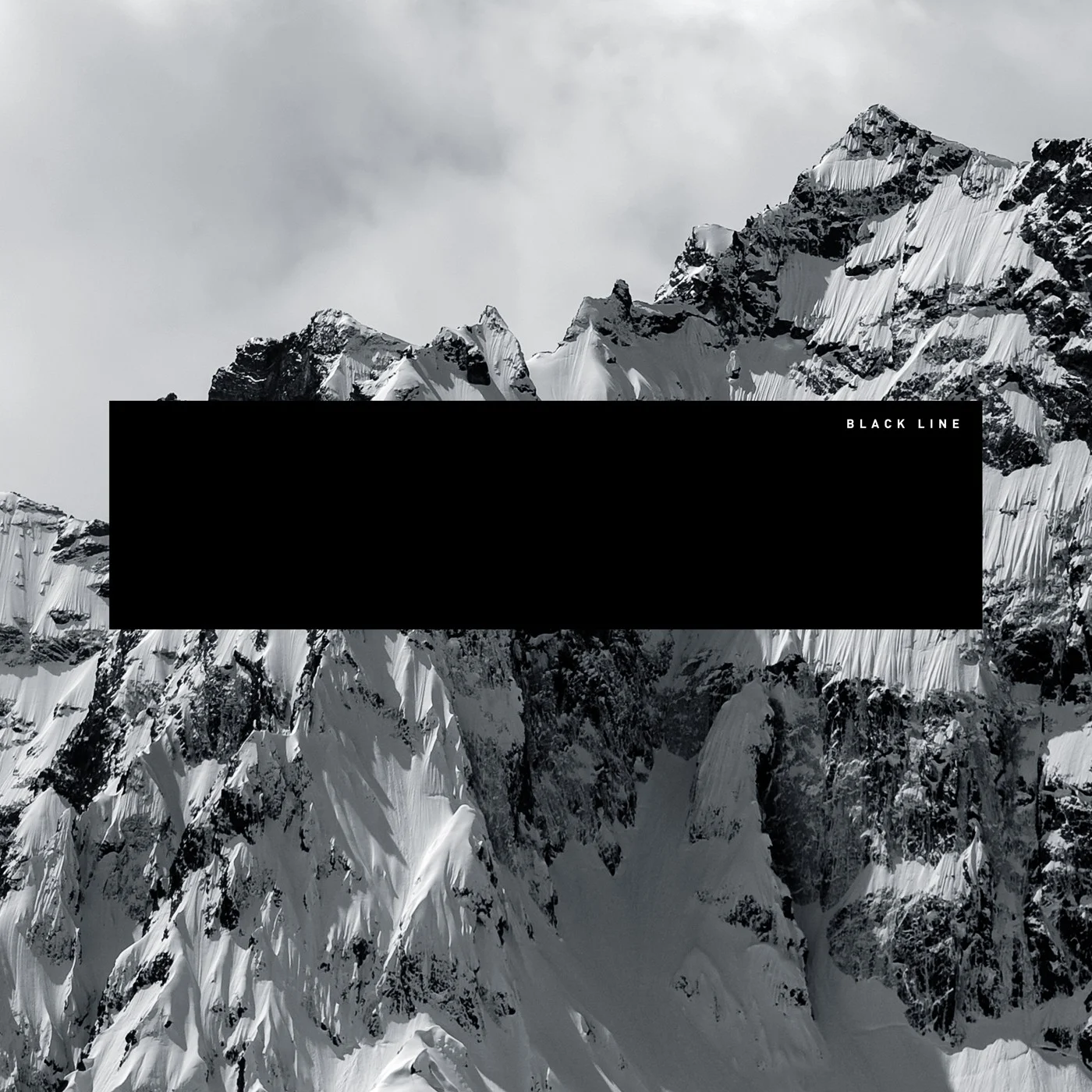 Black Line album artwork, designed by Steven R. Gilmore: a black band across a monochrome mountain range