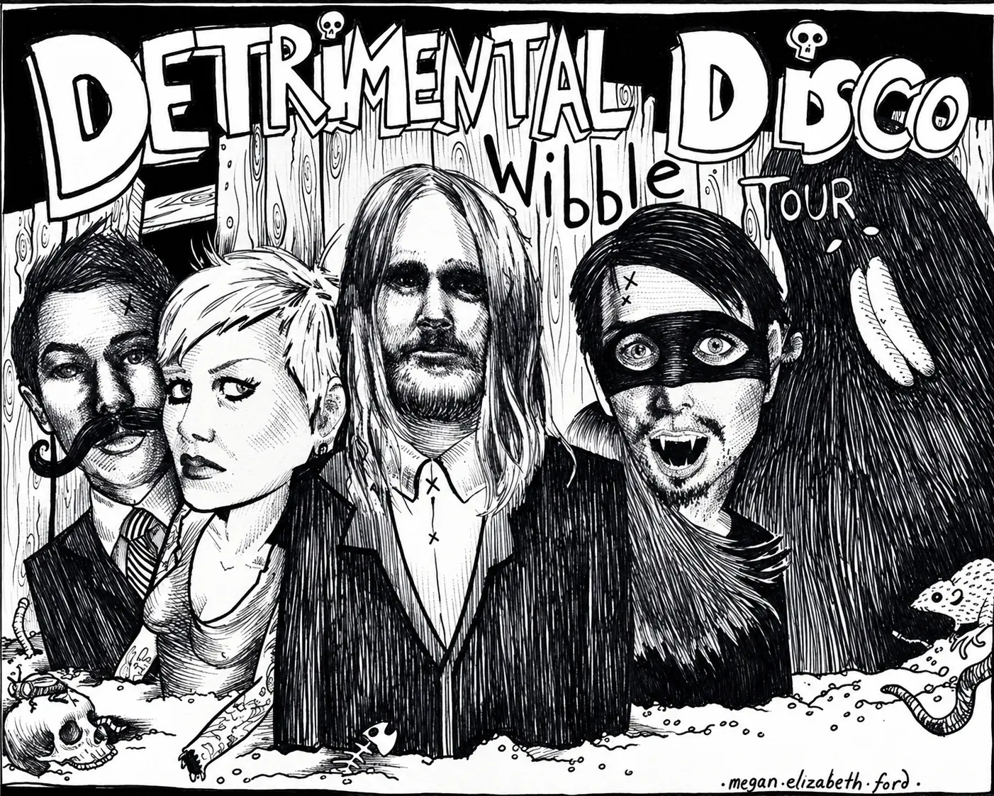 Pen drawing for the Detrimental Disco Wibble Tour: Cyrus, Naha, Venetian Snares, Otto von Schirach and a banana sloth