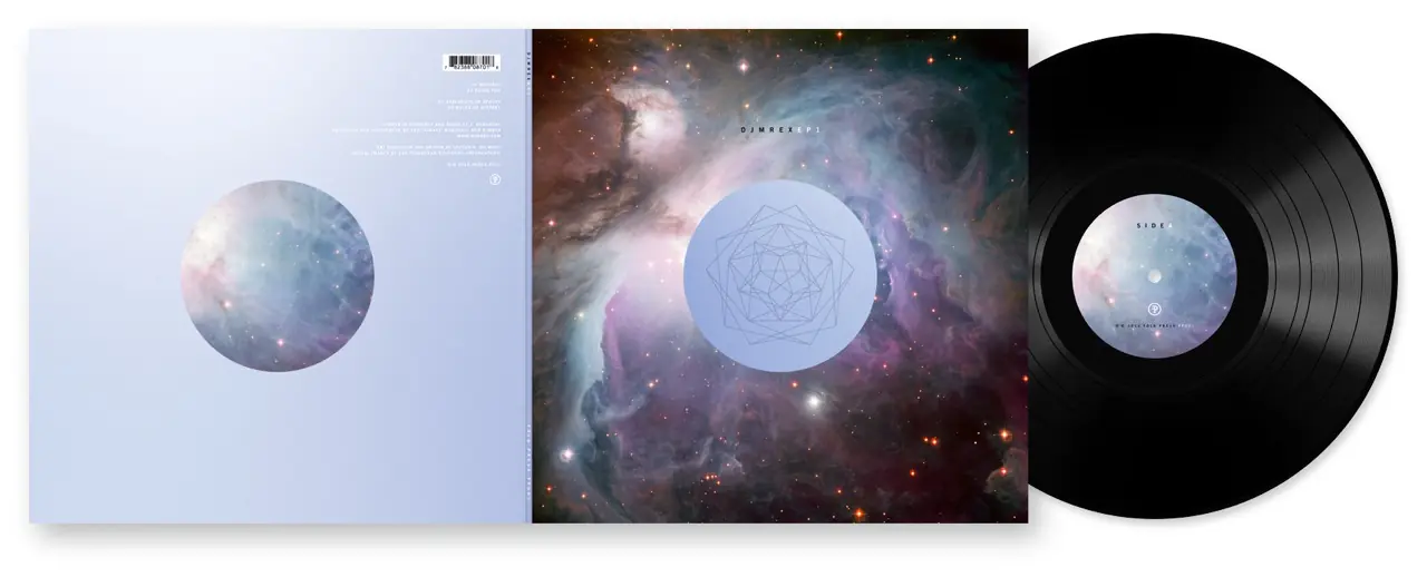 Vinyl mock-up: lavender back sleeve, Orion nebula front sleeve with a pale emblem, and the record