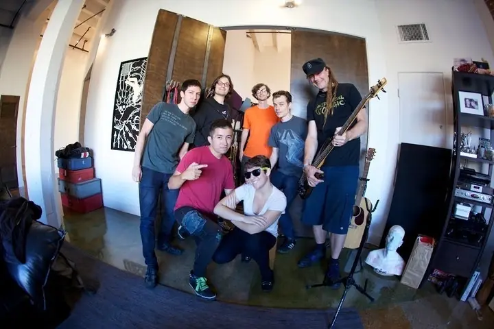 Cyrus, Alessandro Cortini, Baseck, Josh, Marci, Jeff and cEvin Key posing in the Los Angeles studio