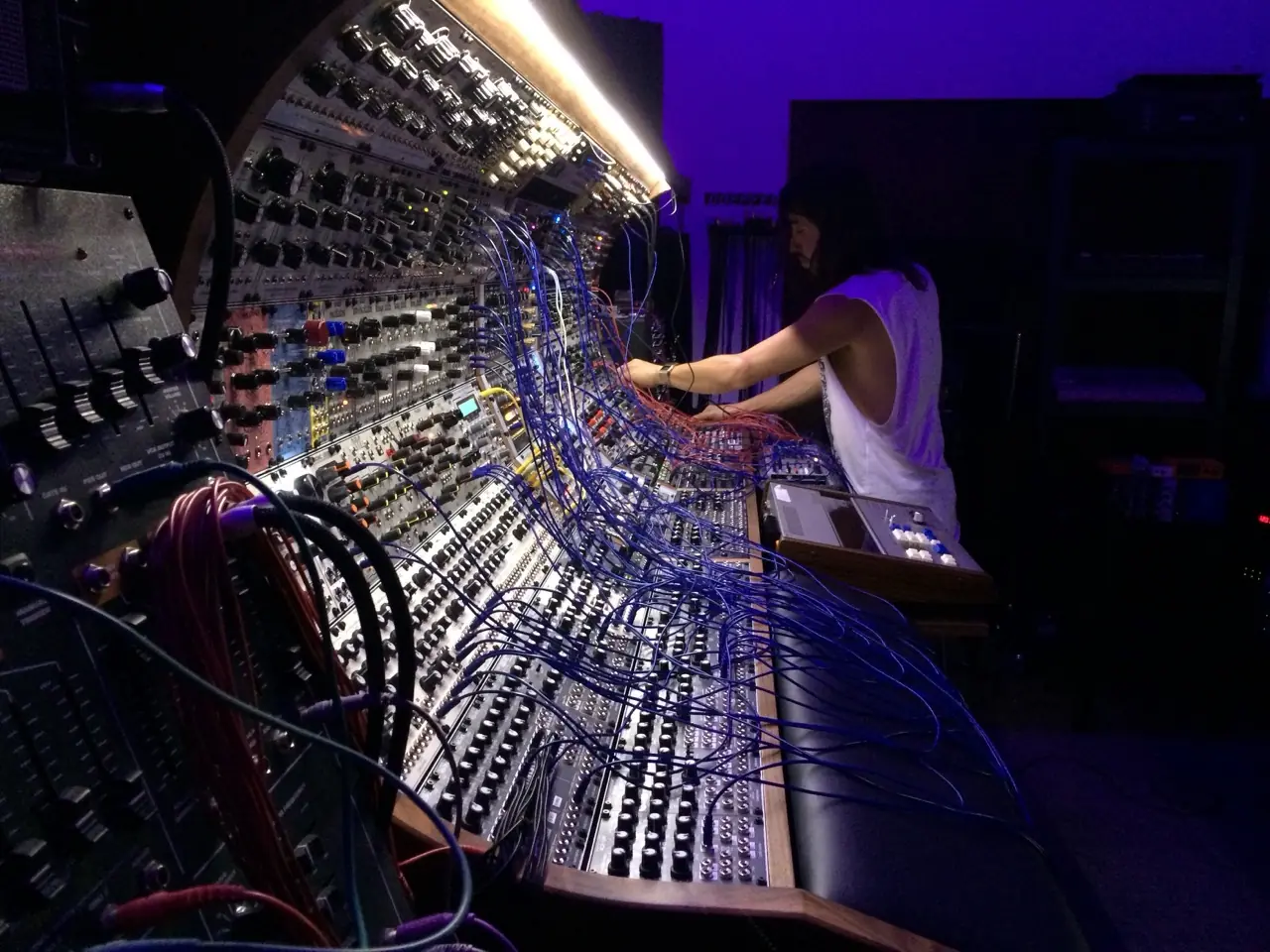 Baseck at the far end of the big modular in the Los Angeles studio, under purple light