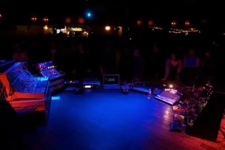 Alessandro Cortini and Cyrusrex live at the Knitting Factory, Hollywood, 10.03.2009: their modular rigs on stage under blue light