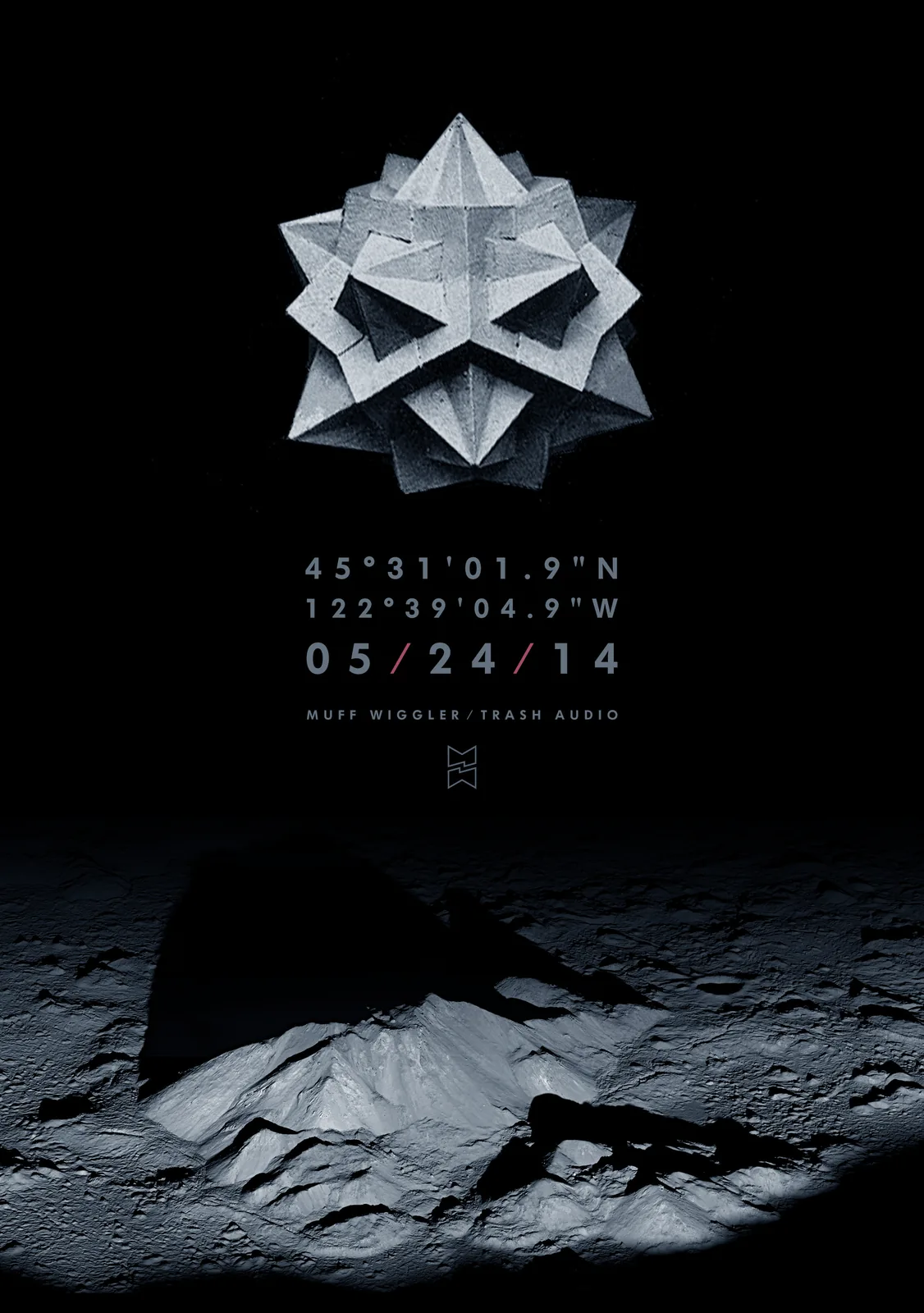 A poster: a faceted geometric mark over a moonlit landscape, with map coordinates, the date 05/24/14 and Muff Wiggler / Trash Audio