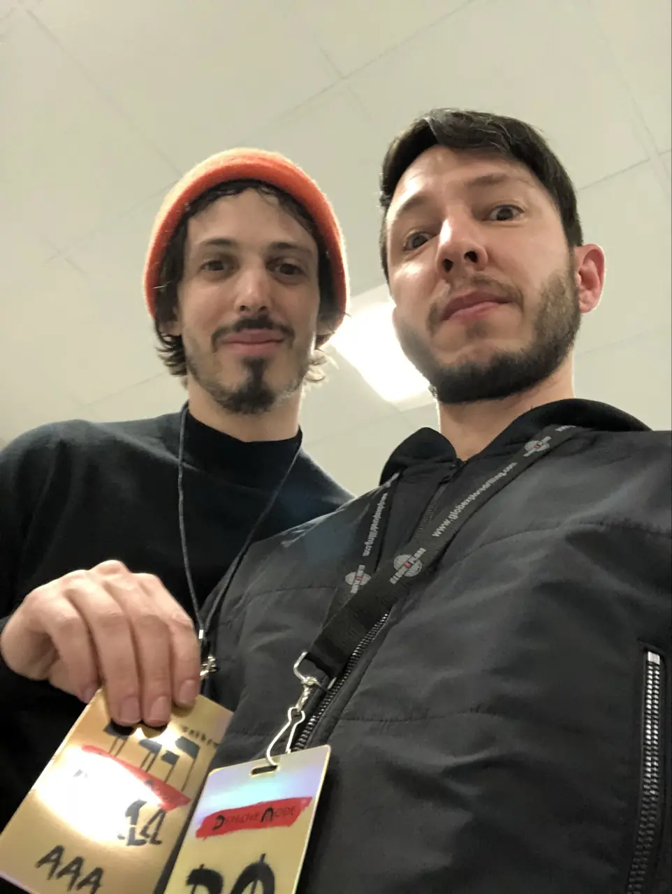 Zack Meyers and Cyrus in a selfie with their tour passes, Black Line on tour